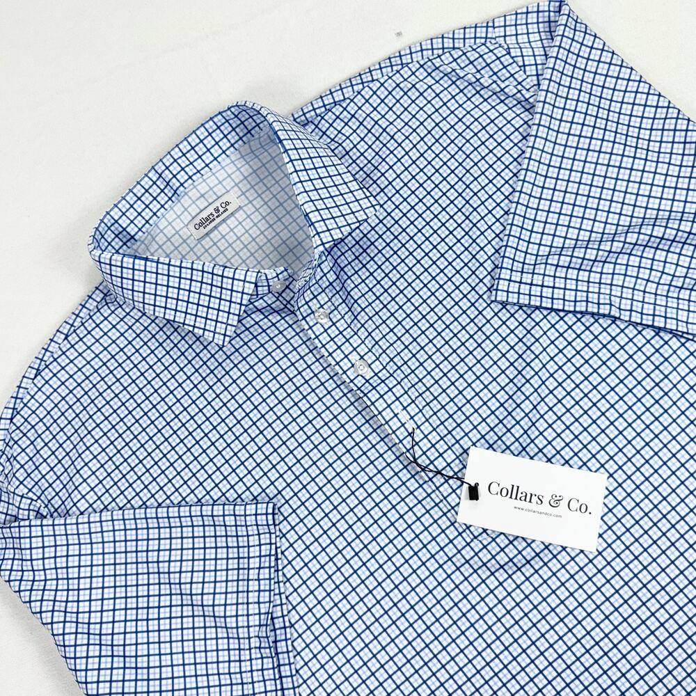Collars & Co Plaid Semi Spread Collar Polo Shirt Men's 2XL Relaxed Blue